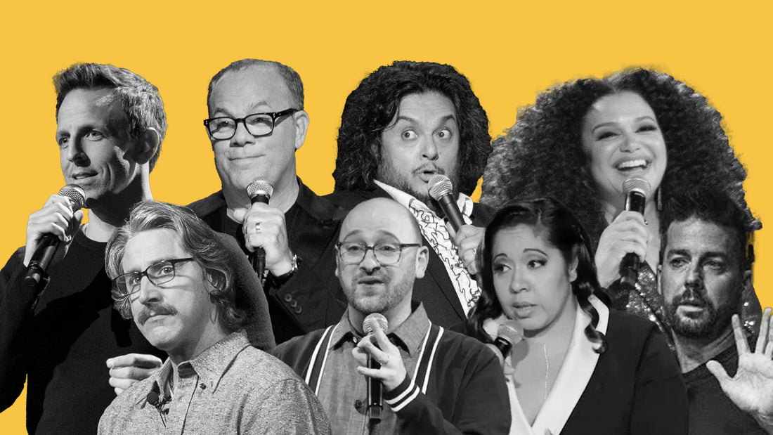 L to R clockwise: Seth Meyers, Tom Papa, Felipe Esparza, Michelle Buteau, John Crist, Gina Brillon, Josh Gondelman, Jason Sáenz.
